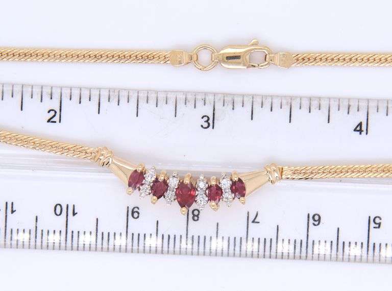 Majestic Yellow Gold Marquoise Ruby and Diamond Bar Pendant Necklace
