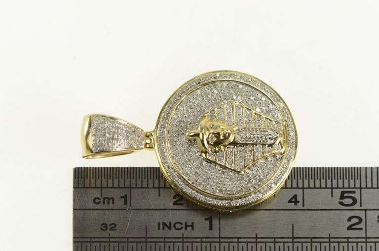 10K Yellow Gold Pave Diamond Pharaoh Egyptian Medallion Charm/Pendant