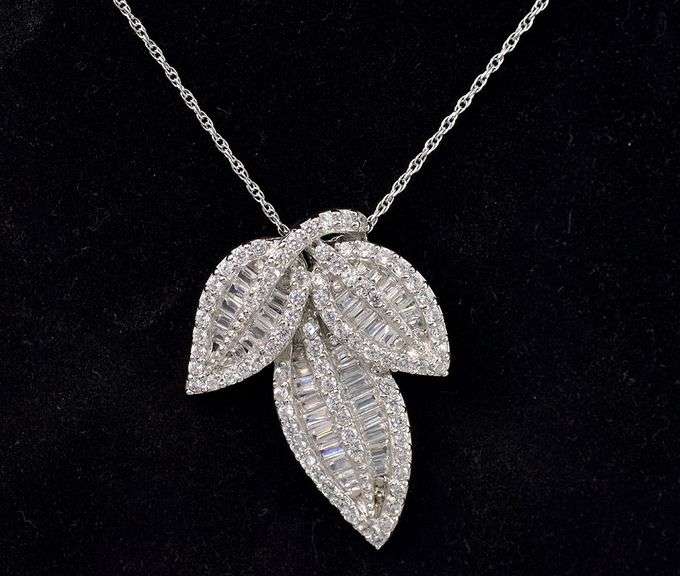 CZ Leaf Pendant Necklace In Sterling Silver