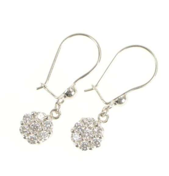 18K White Gold Round CZ Cluster Flower Dangle Statement Earrings