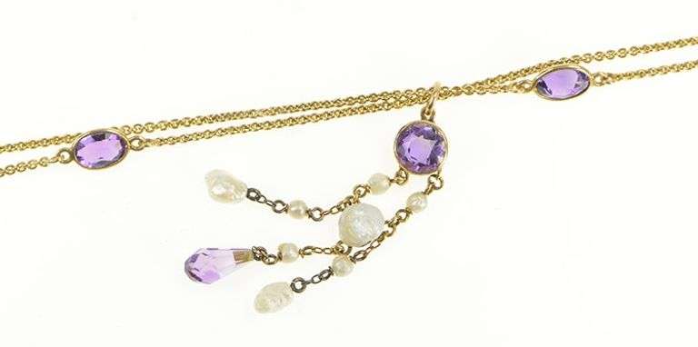 14K Yellow Gold Amethyst Pearl Fringe By The Yard Chain Necklace