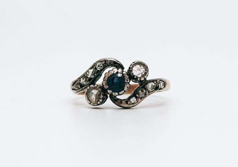 Antique 14kt Rose Gold, Blue Sapphire & Diamond Ring