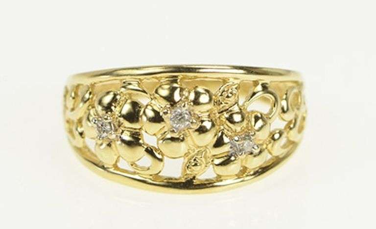 14K Yellow Gold Diamond Domed Flower Floral Statement Ring