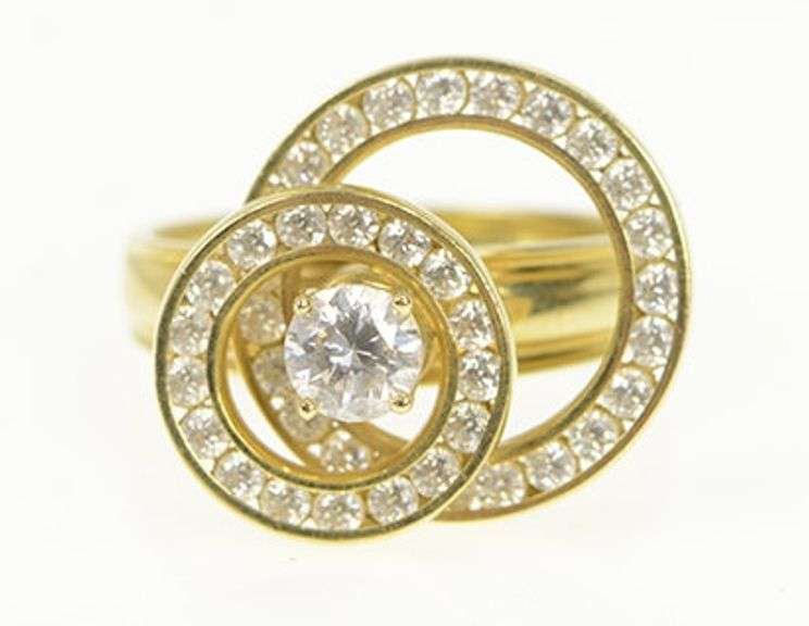 14K Yellow Gold Round Spinner Busy CZ Sparkly Statement Ring