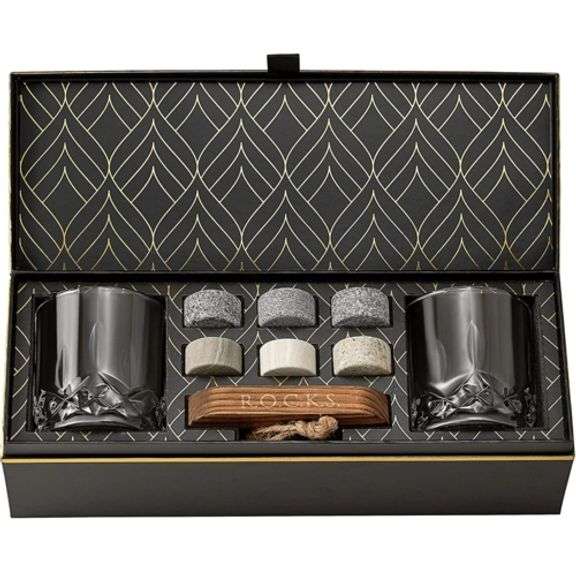 Whiskey Chilling Stones Gift Set With 2 Crystal Glasses