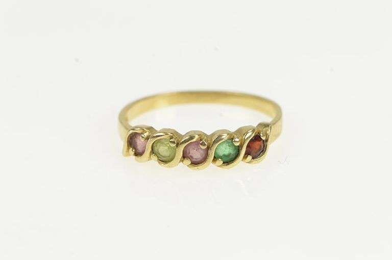14K Yellow Gold Garnet Peridot Emerald Pink Topaz Wavy Band Ring