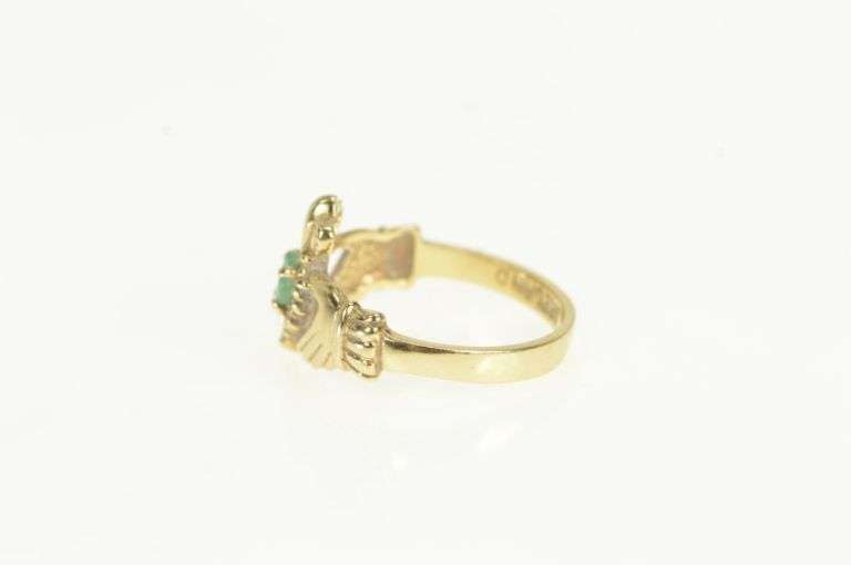 14K Yellow Gold Natural Emerald Diamond Claddagh Loyalty Ring