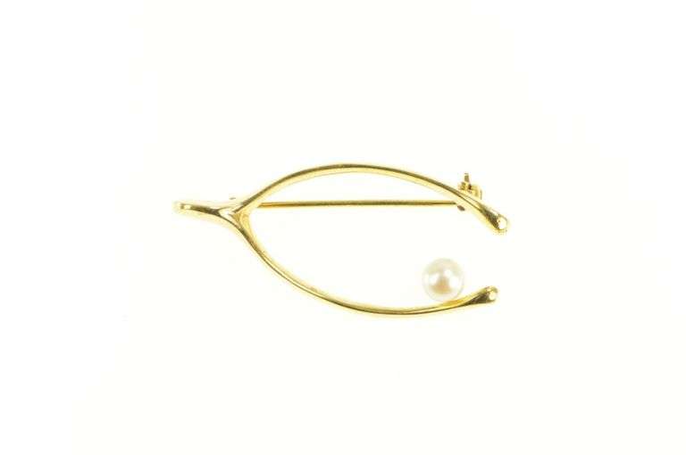 14K Yellow Gold Pearl Accent Wish Bone Good Luck Hope Pin/Brooch