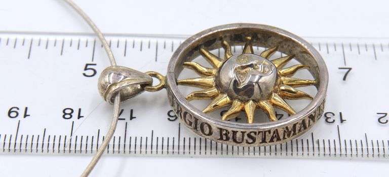 Sergio Bustamante Signed Sterling Silver Sun Pendant on Chain