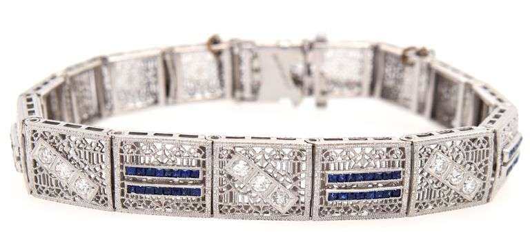 Vintage 0.28ctw Diamond and Synthetic Sapphire Scroll Milgrain Bracelet in 14K and Platinum
