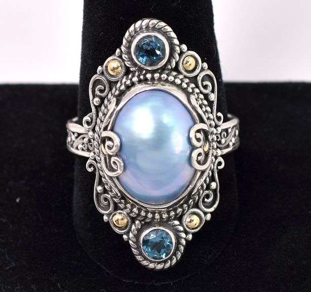 Pearl And Blue Topaz Ring In Sterling Silver