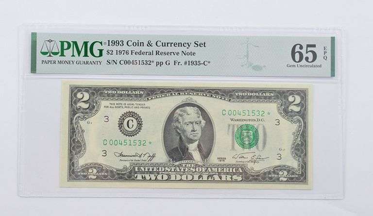 1976 $2 Federal Reserve Note FR# 1935-C* 1993 Coin & Currency Set PMG 65 EPQ GEM UNC