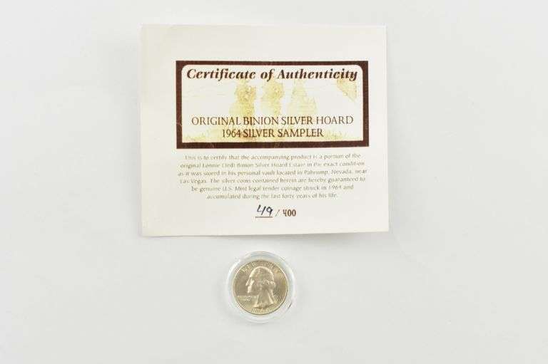 1964-D Washington Quarter Orig. Binion Silver Hoard Sampler 49/400 COA