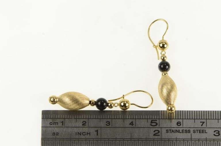 14K Yellow Gold Black Onyx Round Black Dangle Vintage Earrings