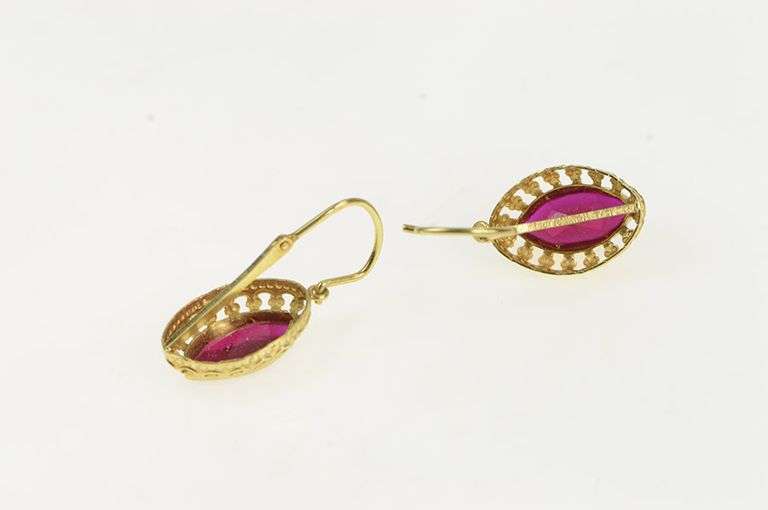 14K Yellow Gold Marquise Syn. Ruby Ornate Filigree Dangle Earrings