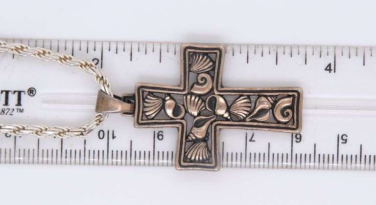 Vintage Sterling Silver Signed Cross Pendant on Rope Chain