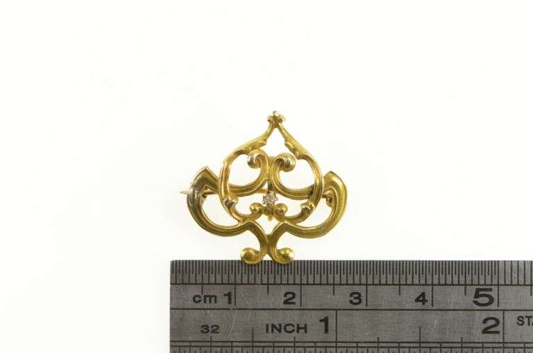 14K Yellow Gold Art Nouveau Swirl Diamond Watch Hanger Pin/Brooch