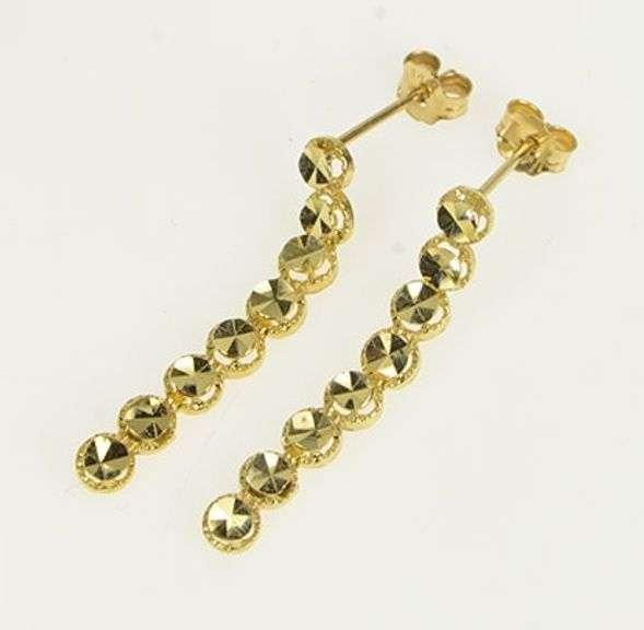 14K Yellow Gold Geometric Round Burst Dangle Vintage Chain Earrings