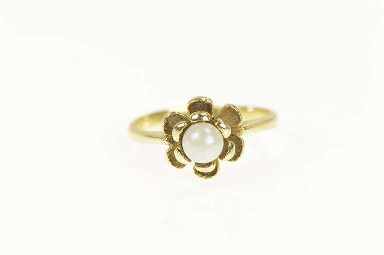 14K Yellow Gold Pearl Ornate Flower Blossom Retro Vintage Ring