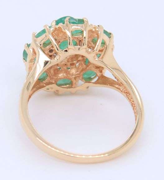 Pleasing Yellow Gold Emerald and Emerald Halo with Diamond Halo Ring