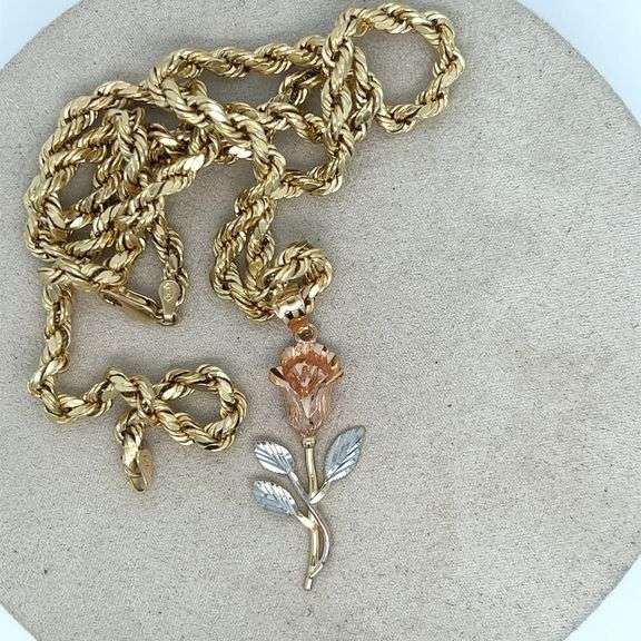 14K GOLD 3 TONE ROSE CHARM NECKLACE