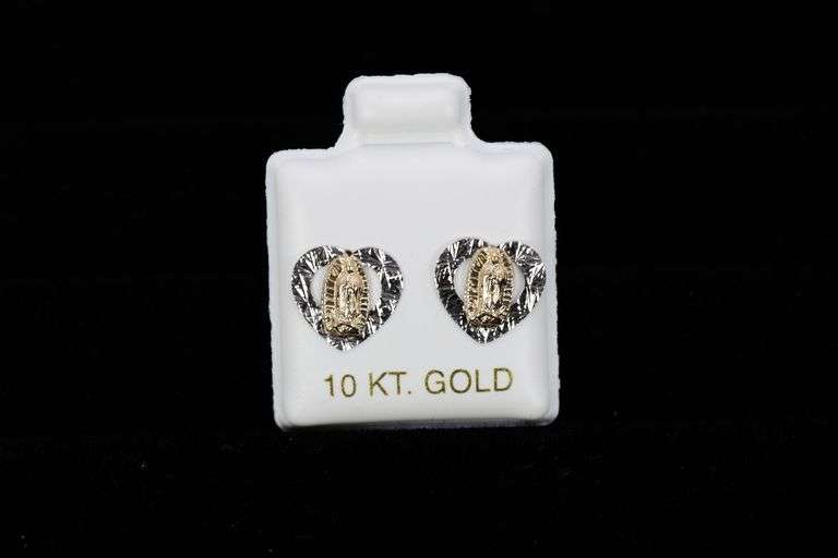 10k Yellow & White Gold Virgin Mary Saint White Diamond-Cut Stud Earrings