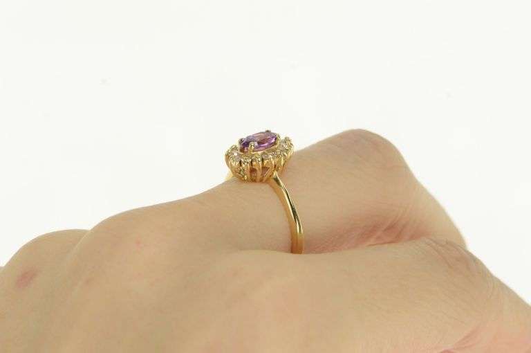 14K Yellow Gold Marquise Amethyst Diamond Halo Vintage Ring