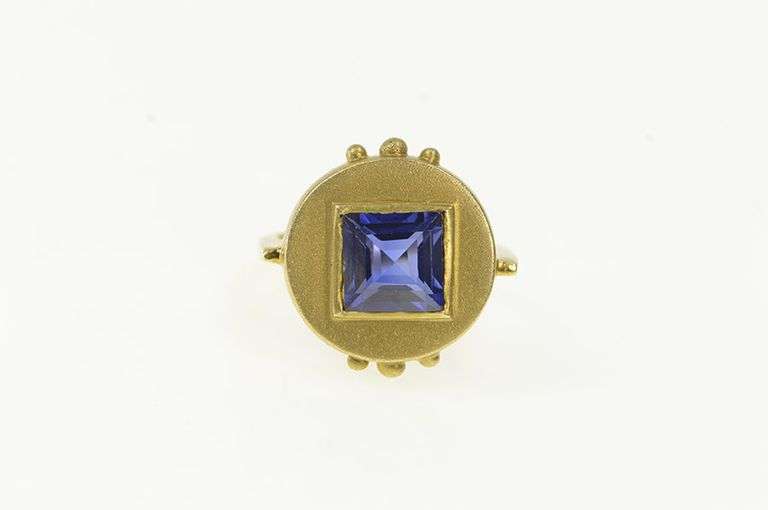 14K Yellow Gold Princess Iolite Geometric Steampunk Statement Ring