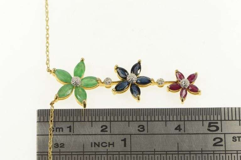 14K Yellow Gold Emerald Ruby Sapphire Diamond Flower Drop Necklace