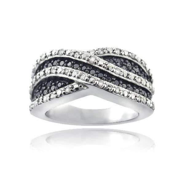 Black & White Diamond Crossover Wave Ring in Sterling Silver