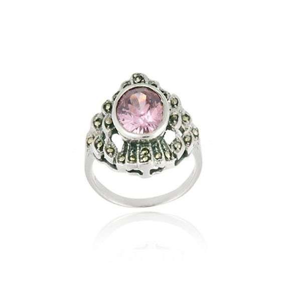 Sterling Silver Marcasite and Pink CZ Ring
