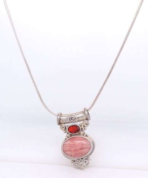 Sterling Silver Signed Gemstone Pendant on Italian Snake Chain Necklace