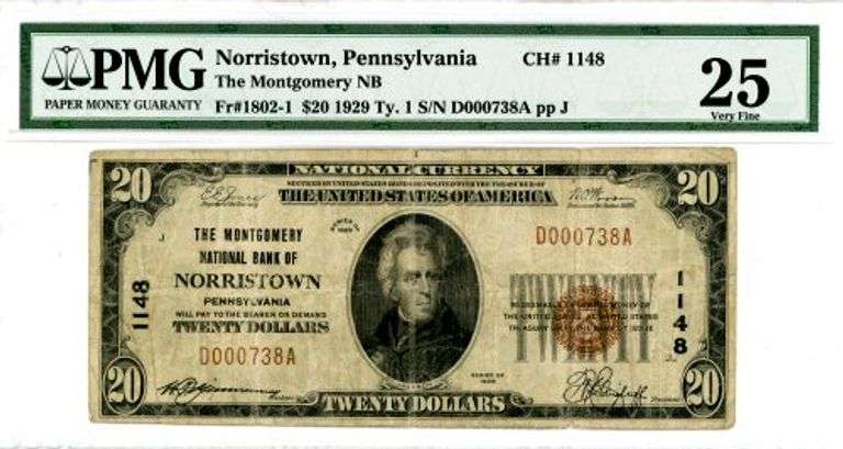 1929 $20 National Banknote of Norristown Pennsylvania in PMG25