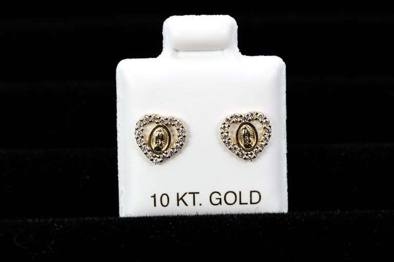 10k Yellow Gold Virgin Mary Saint Heart Halo Earrings