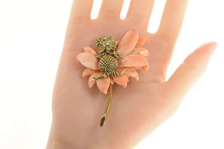 14K Yellow Gold Carved Coral Flower Baby Bird Diamond Pin/Brooch