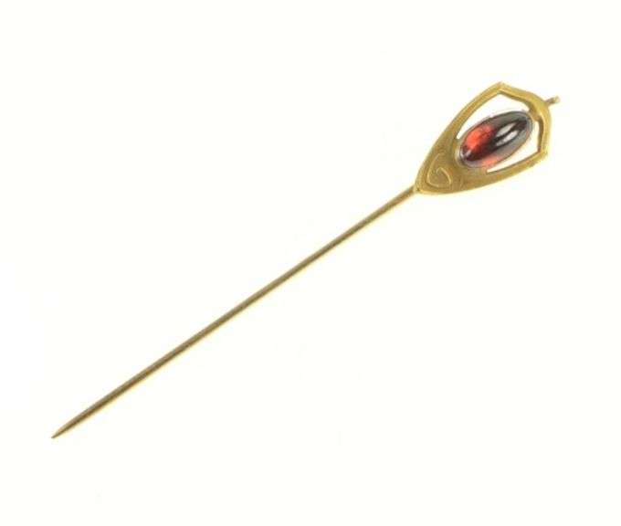 14K Yellow Gold Garnet Oval Cabochon Art Nouveau Vintage Stick Pin