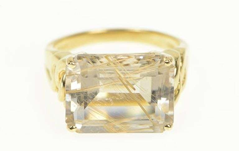 14K Yellow Gold Emerald Cut Rutilated Quartz Ornate Cocktail Ring