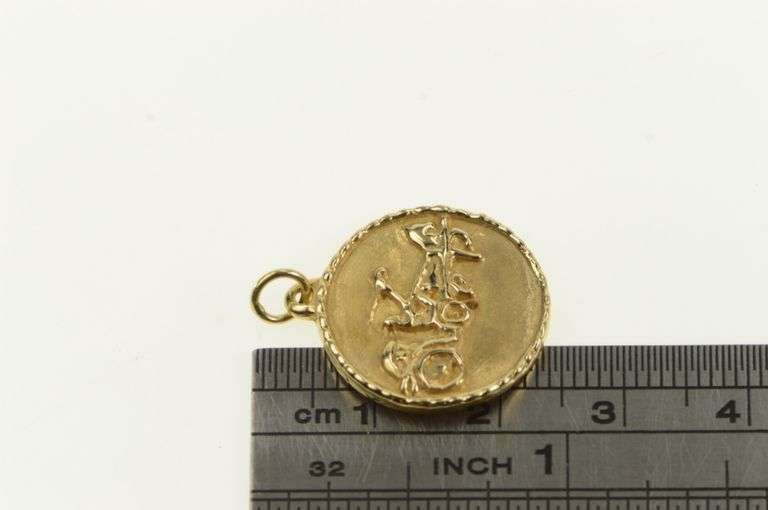 14K Yellow Gold Greek Chariot Scene Gladiator Pendant