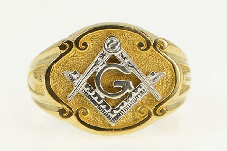 10K Yellow Gold Ornate Masonic Compass Square Men's Ring