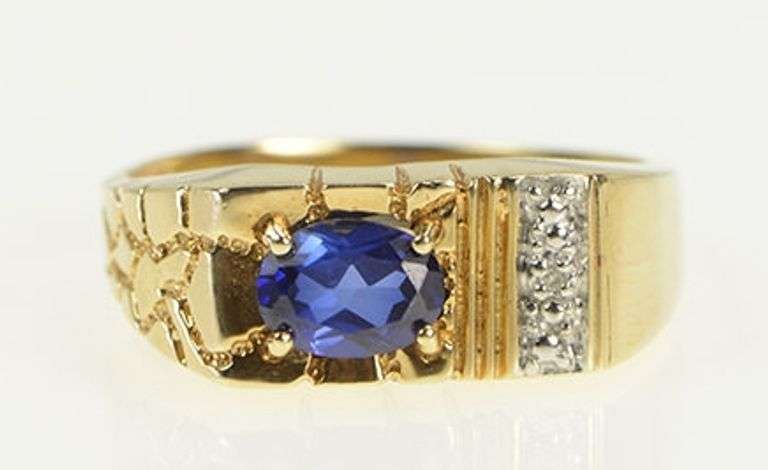 10K Yellow Gold Oval Syn. Sapphire Diamond Textured Nugget Ring