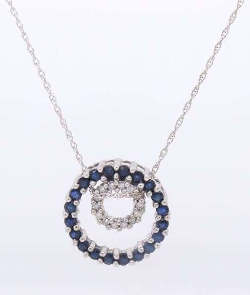 Fabulous White Gold Blue Sapphire and Diamond Circle Pendant on Chain
