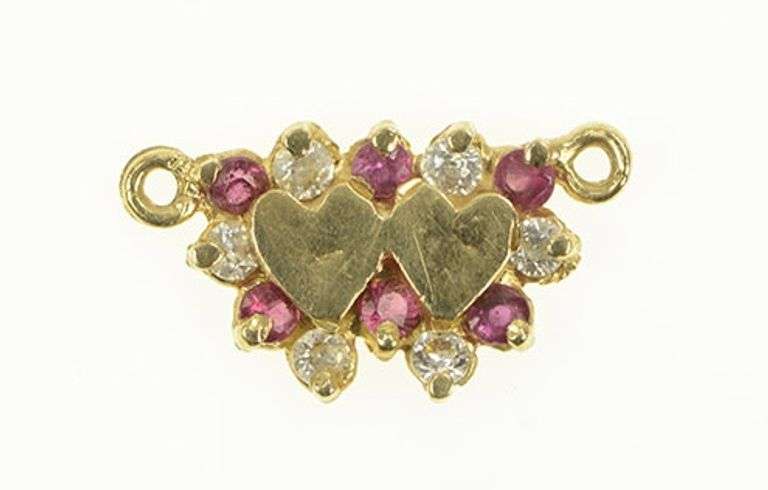 14K Yellow Gold Vintage Heart Red & White CZ Valentine Charm/Pendant