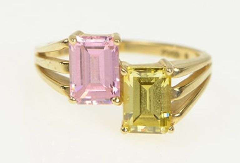 14K Yellow Gold Emerald Cut Pink & Yellow CZ Bypass Ring