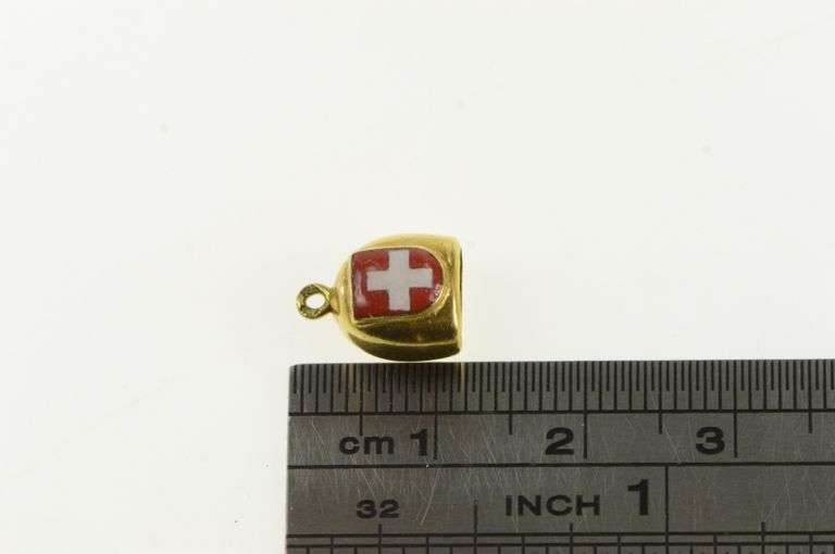 10K Yellow Gold Swiss Cross Enamel 3D Bell Articulated Charm/Pendant