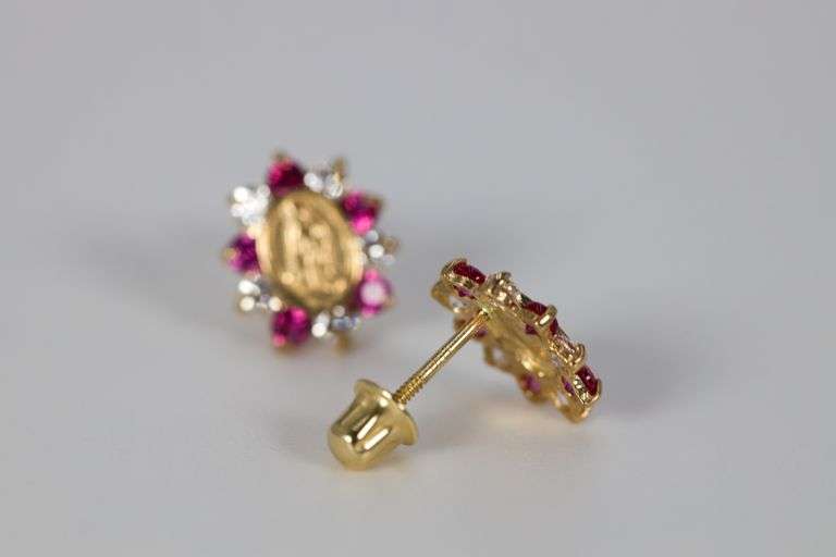 10k Yellow Gold Virgin Mary Clear & Pink CZ Stud Earrings