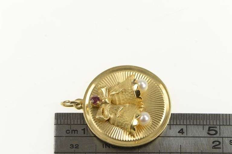 14K Yellow Gold 1960's Wedding Bell Pearl Ruby Marriage Charm/Pendant