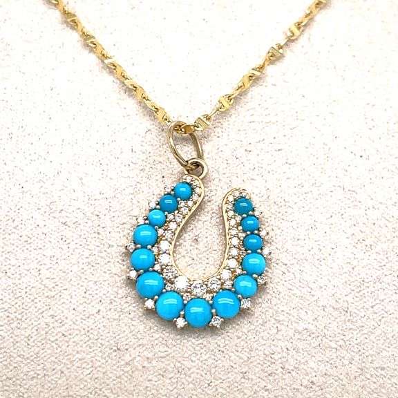 14K YELLOW GOLD HORSE SHOE CHARM NECKLACE WITH DIAMONDS AND TURQUOISE