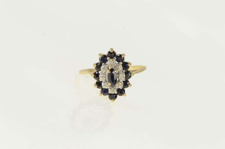 10K Yellow Gold Marquise Sapphire Diamond Halo Statement Ring