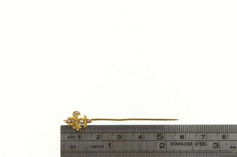 14K Yellow Gold Elaborate Fleur De Lis Seed Pearl Antique Stick Pin