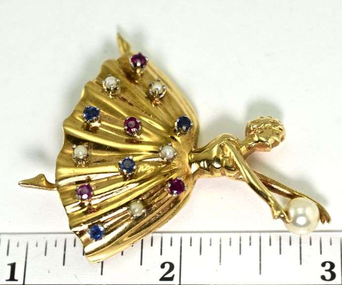 Charming 14K Ballerina Multi-Gemstone Brooch